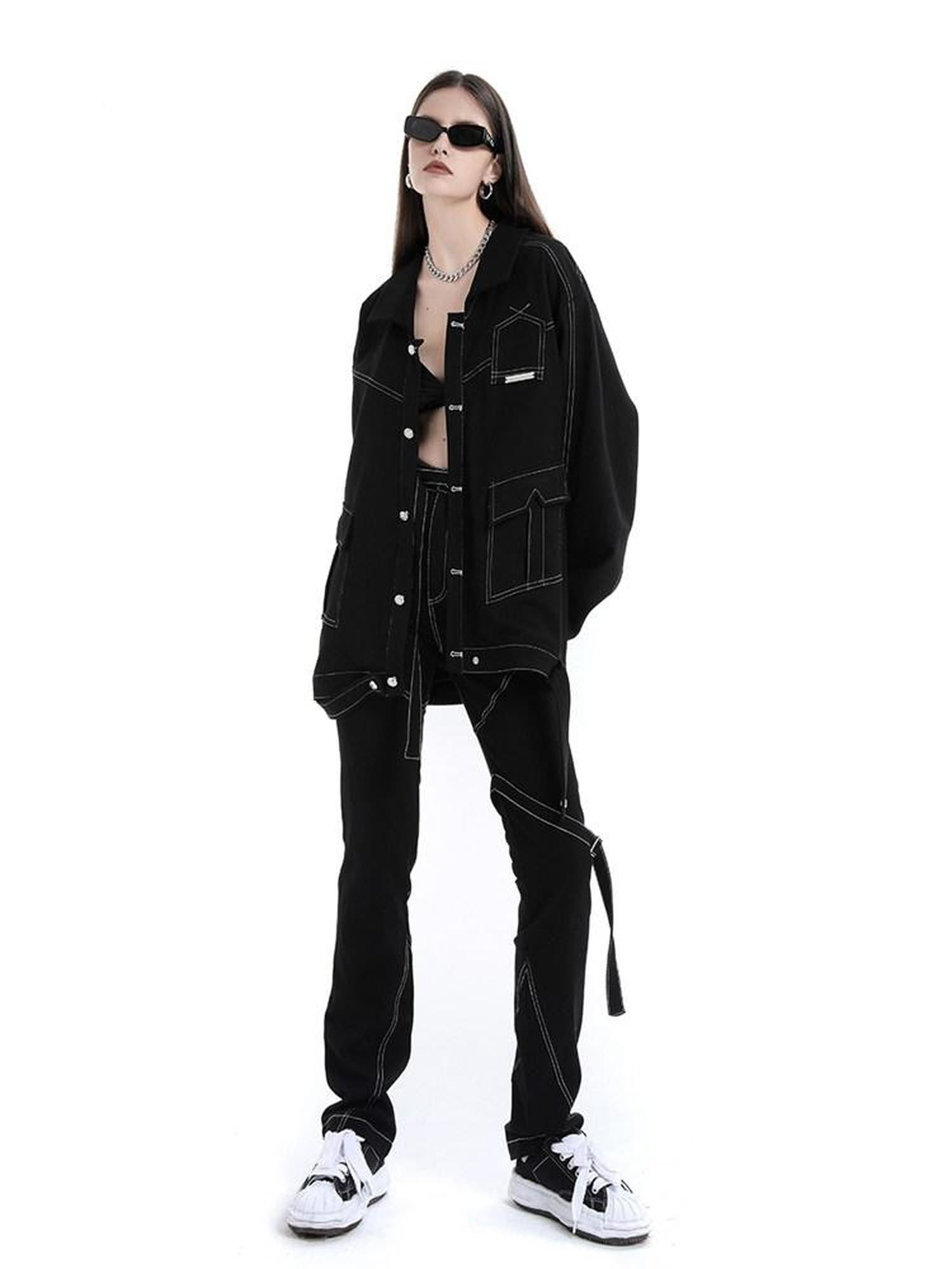 ANYQUESTION Black Topstitch Strap High Waisted Slim Straight Women&