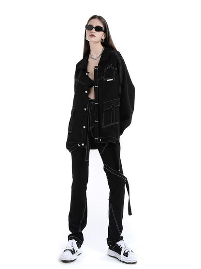ANYQUESTION Black Topstitch Strap High Waisted Slim Straight Women&