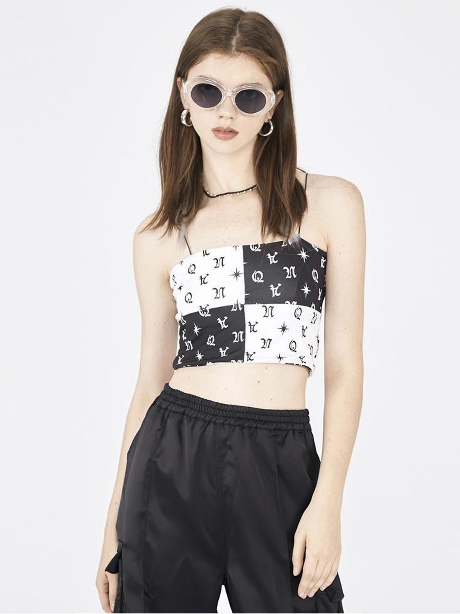 ANYQUESTION Black White Allover Print Convertible Patchwork Women&