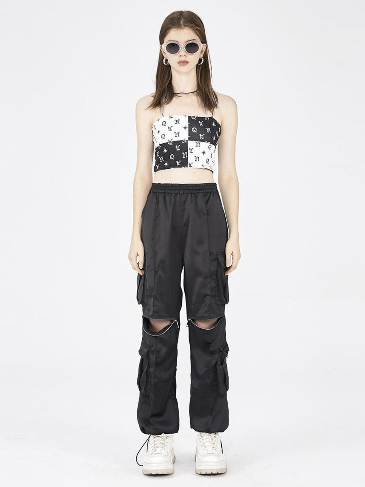 ANYQUESTION Black White Allover Print Convertible Patchwork Women&