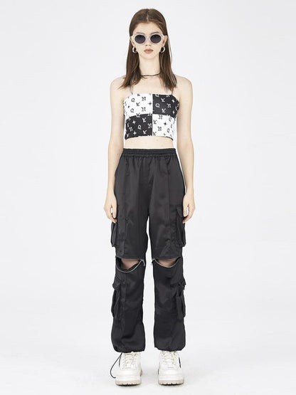 ANYQUESTION Black White Allover Print Convertible Patchwork Women&