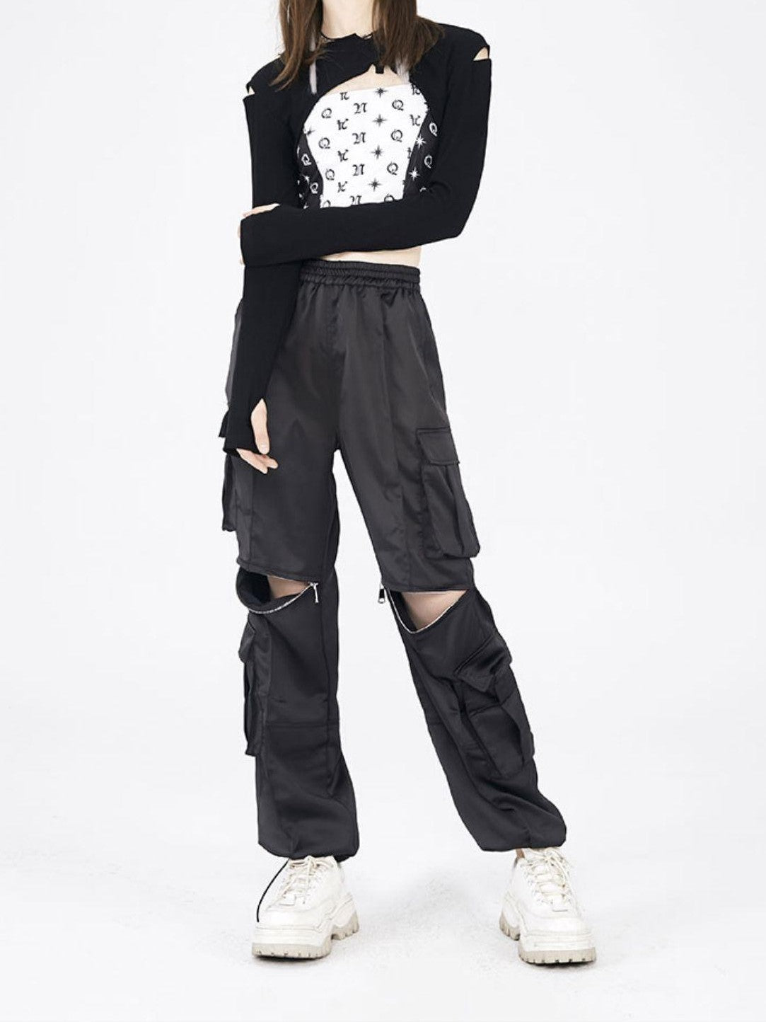 ANYQUESTION Black White Allover Print Convertible Patchwork Women&