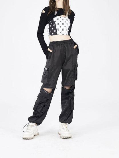 ANYQUESTION Black White Allover Print Convertible Patchwork Women&