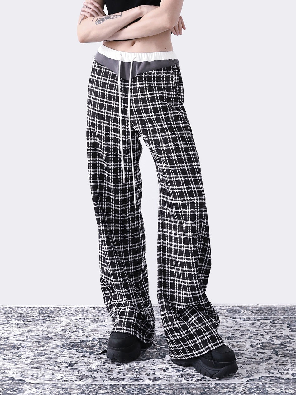 ANYQUESTION_Black_White_Check_Contrast_Elastic_Waist_Women&