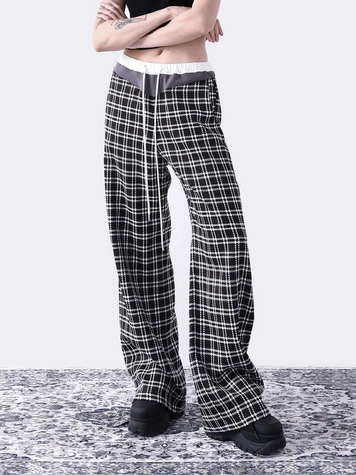 ANYQUESTION Black White Check Contrast Elastic Waist Women&