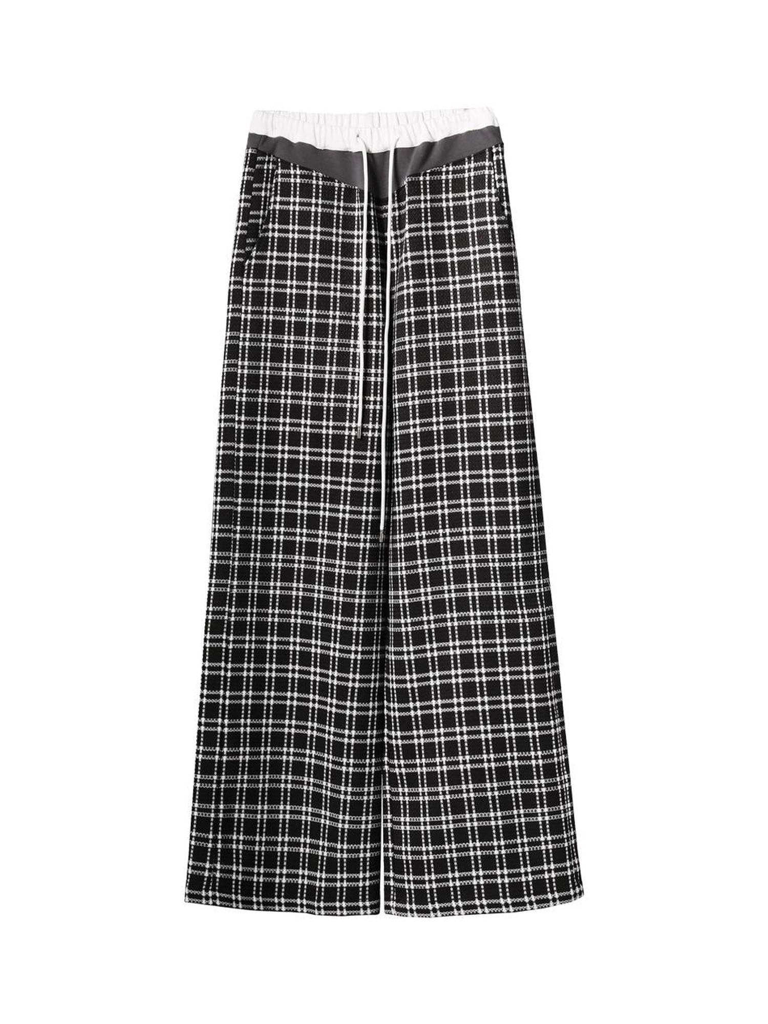 ANYQUESTION Black White Check Contrast Elastic Waist Women&