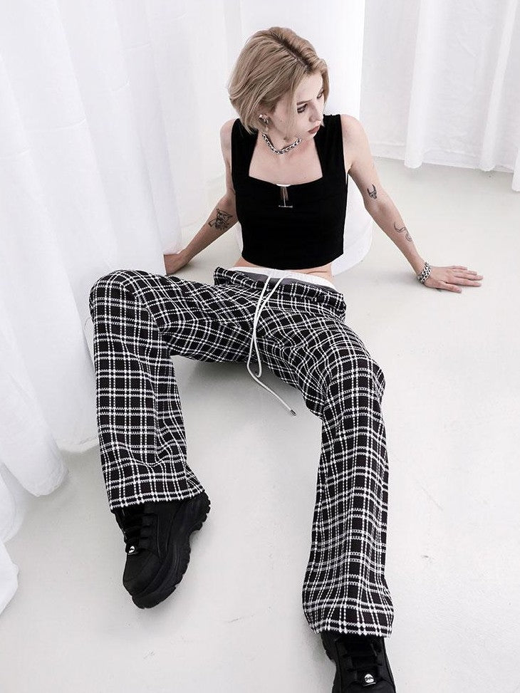 ANYQUESTION Black White Check Contrast Elastic Waist Women&