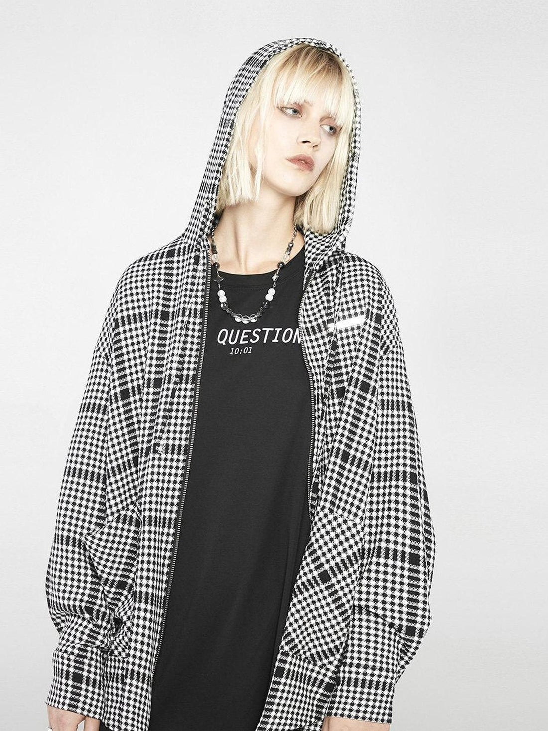 ANYQUESTION Black White Check Hooded Double Zipper Long Sleeve Women&