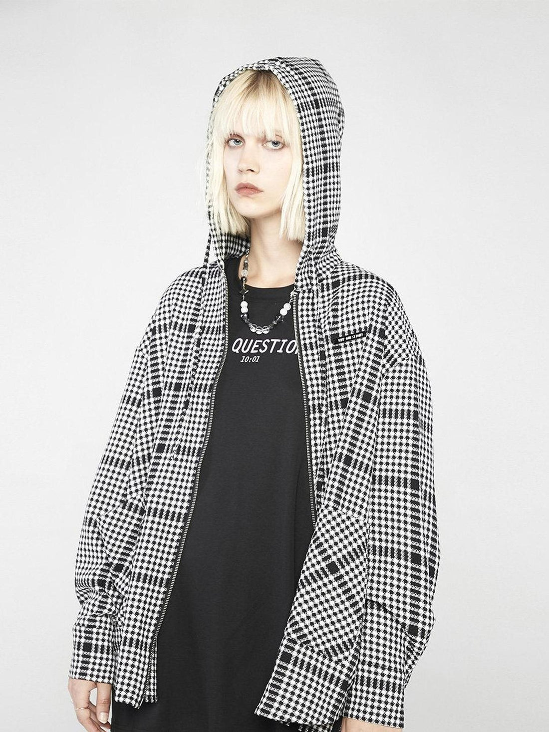 ANYQUESTION Black White Check Hooded Double Zipper Long Sleeve Women&