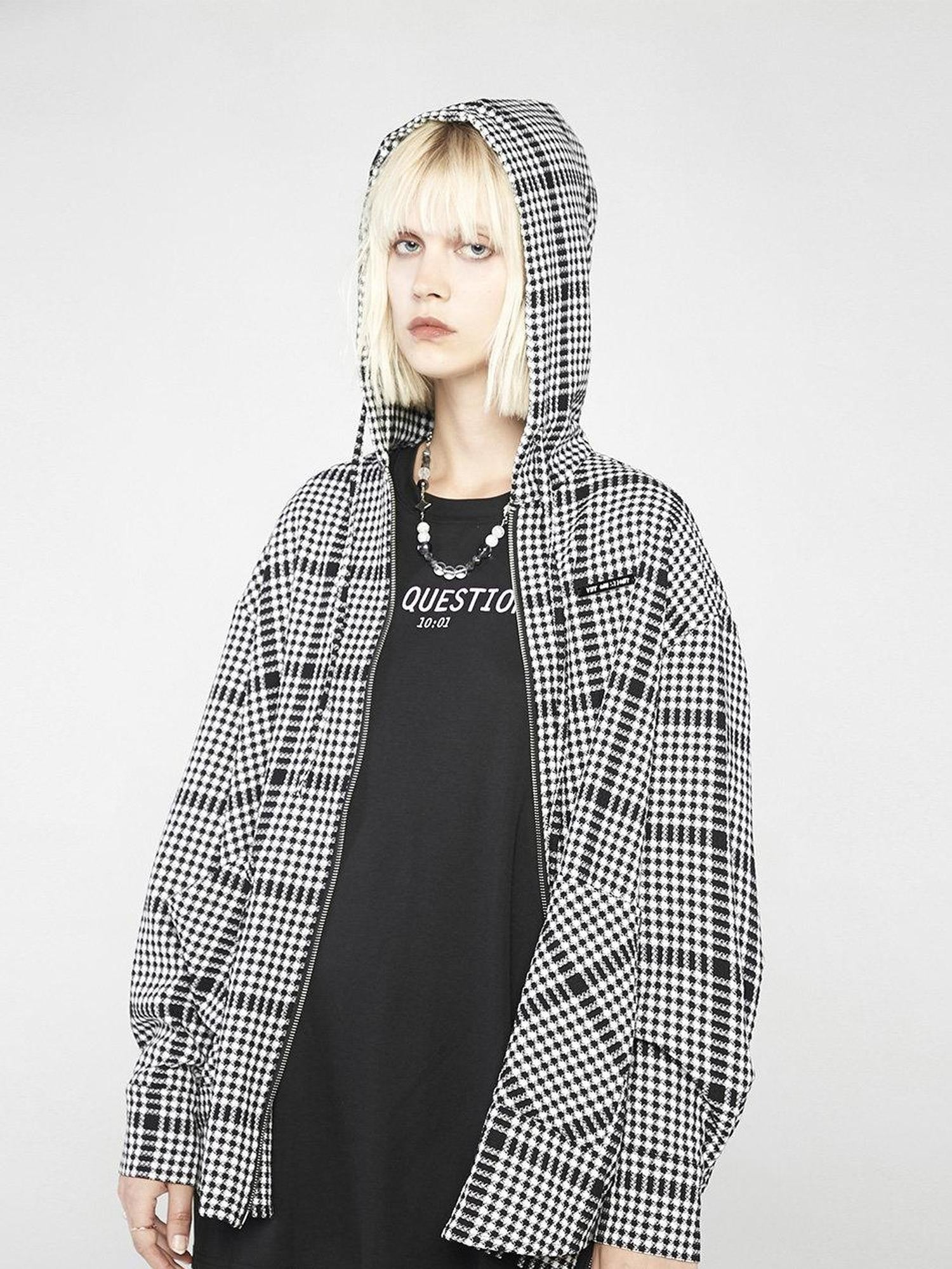 ANYQUESTION Black White Check Hooded Double Zipper Long Sleeve Women&