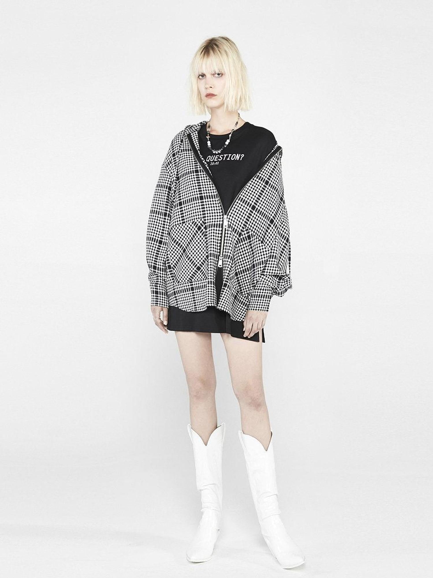 ANYQUESTION Black White Check Hooded Double Zipper Long Sleeve Women&