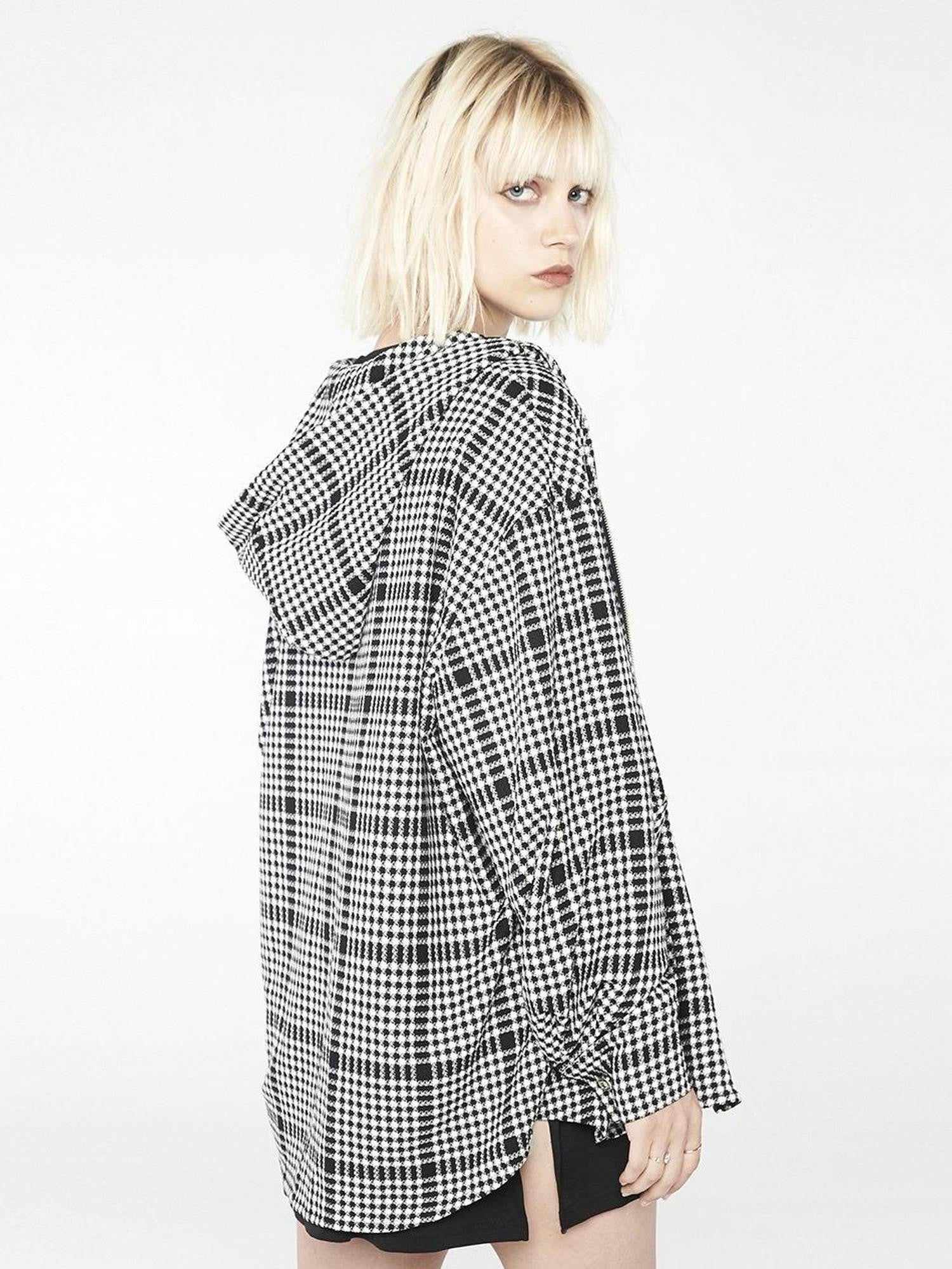 ANYQUESTION Black White Check Hooded Double Zipper Long Sleeve Women&