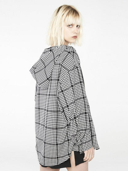 ANYQUESTION Black White Check Hooded Double Zipper Long Sleeve Women&