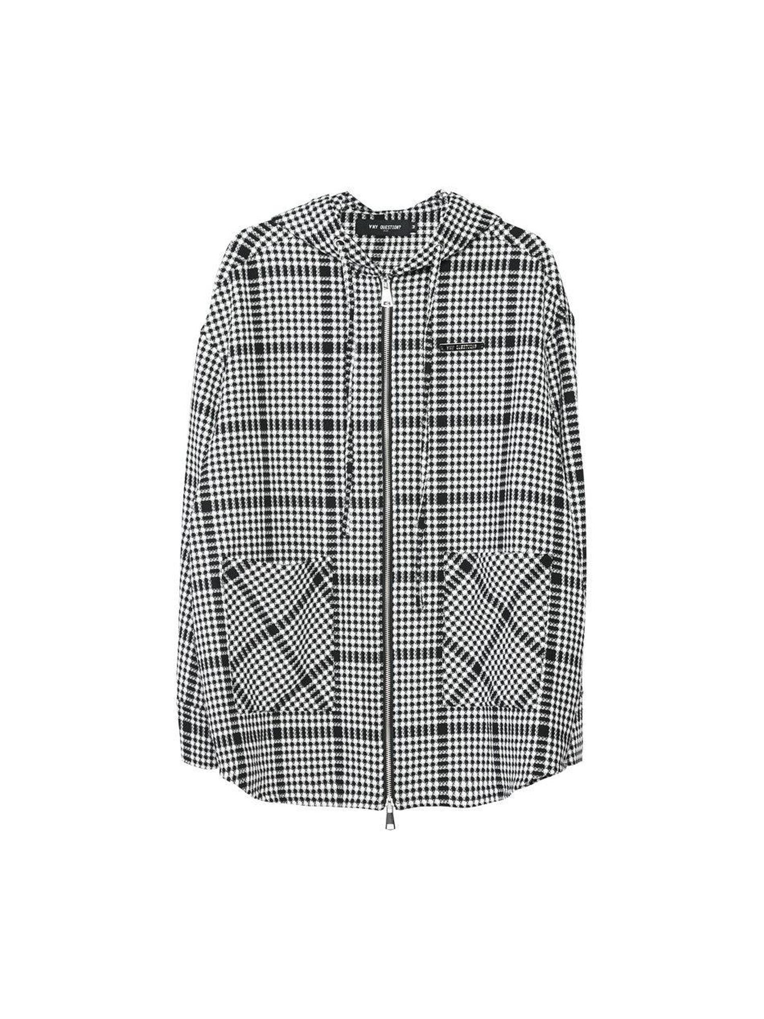 ANYQUESTION Black White Check Hooded Double Zipper Long Sleeve Women&