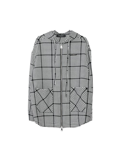 ANYQUESTION Black White Check Hooded Double Zipper Long Sleeve Women&