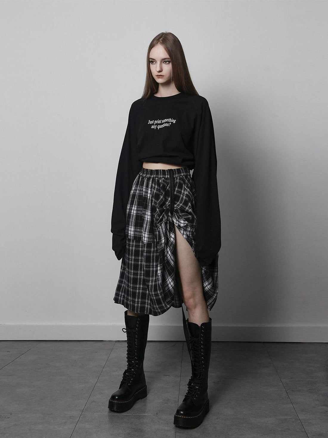 ANYQUESTION Black White Check Patchwork Adjustable Belt Women&