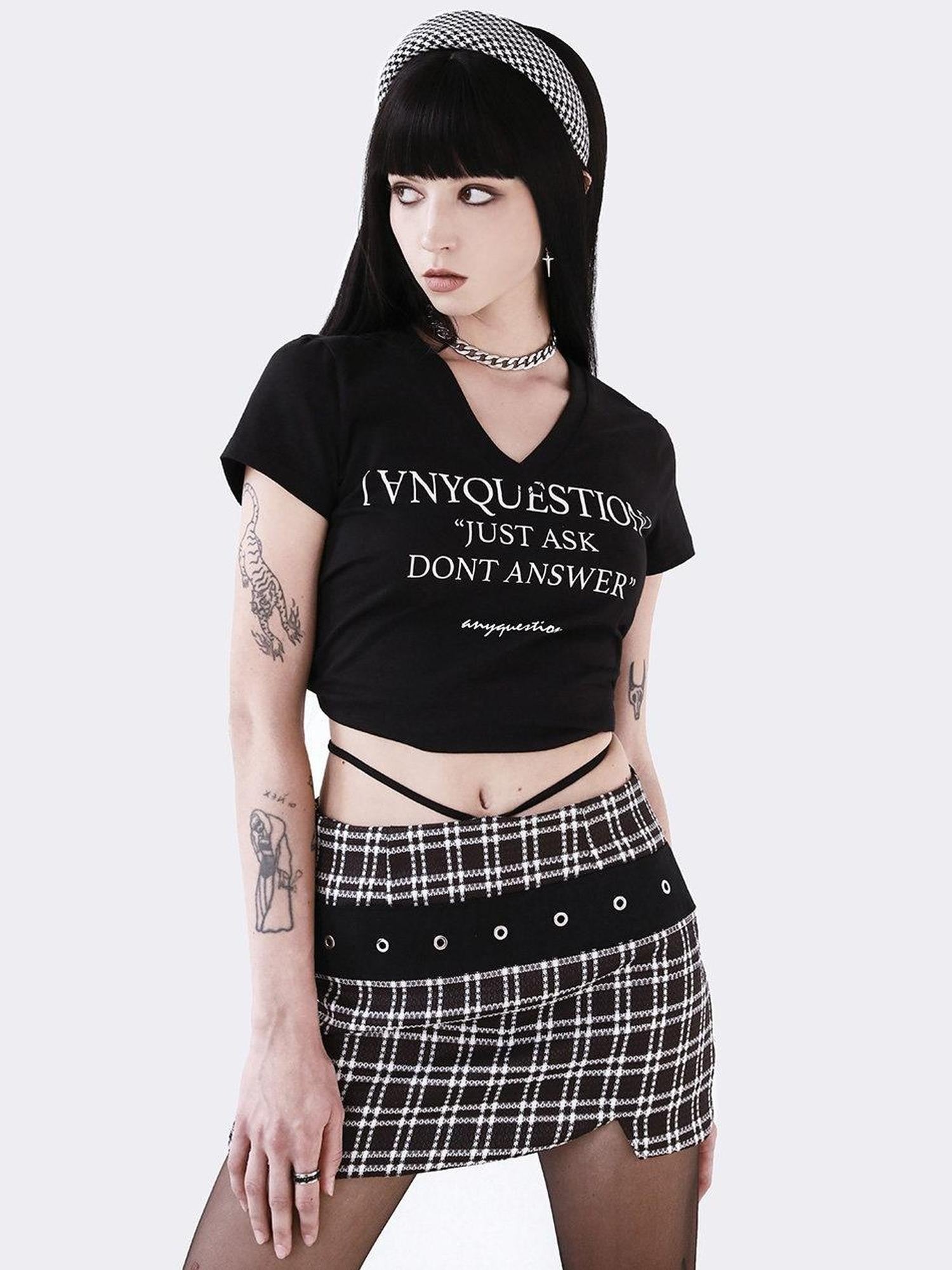 ANYQUESTION Black White Check Patchwork Belt Side Slit Tie Women&