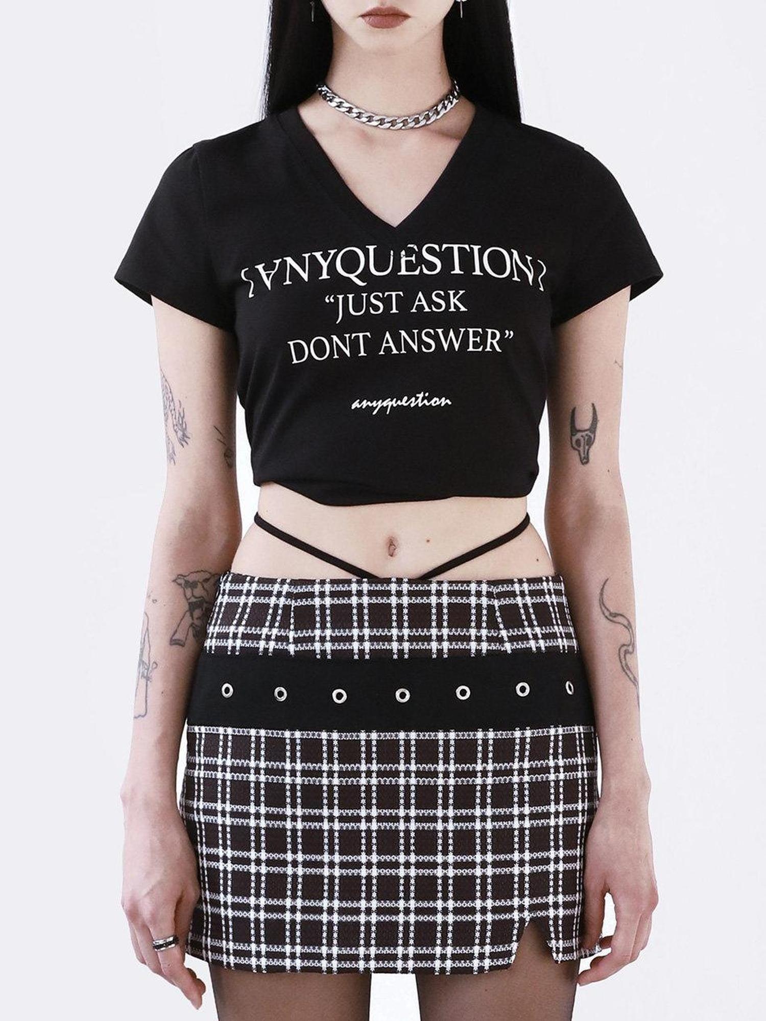 ANYQUESTION Black White Check Patchwork Belt Side Slit Tie Women&