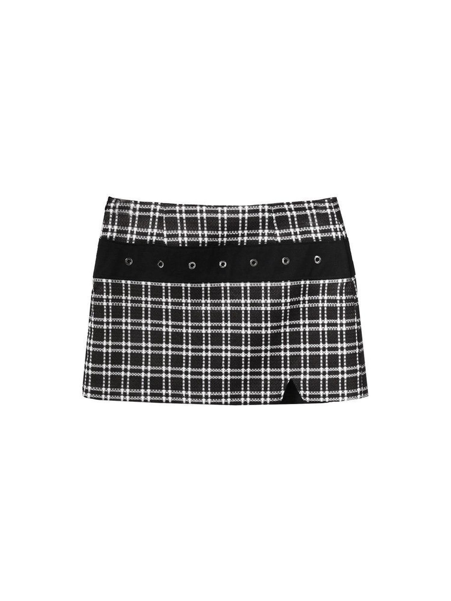 ANYQUESTION Black White Check Patchwork Belt Side Slit Tie Women&