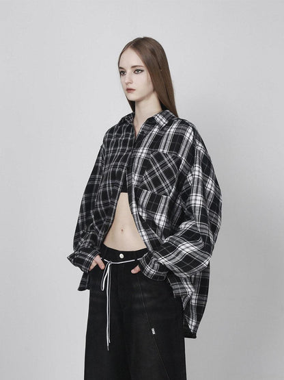 ANYQUESTION Black White Check Patchwork Relaxed Women&