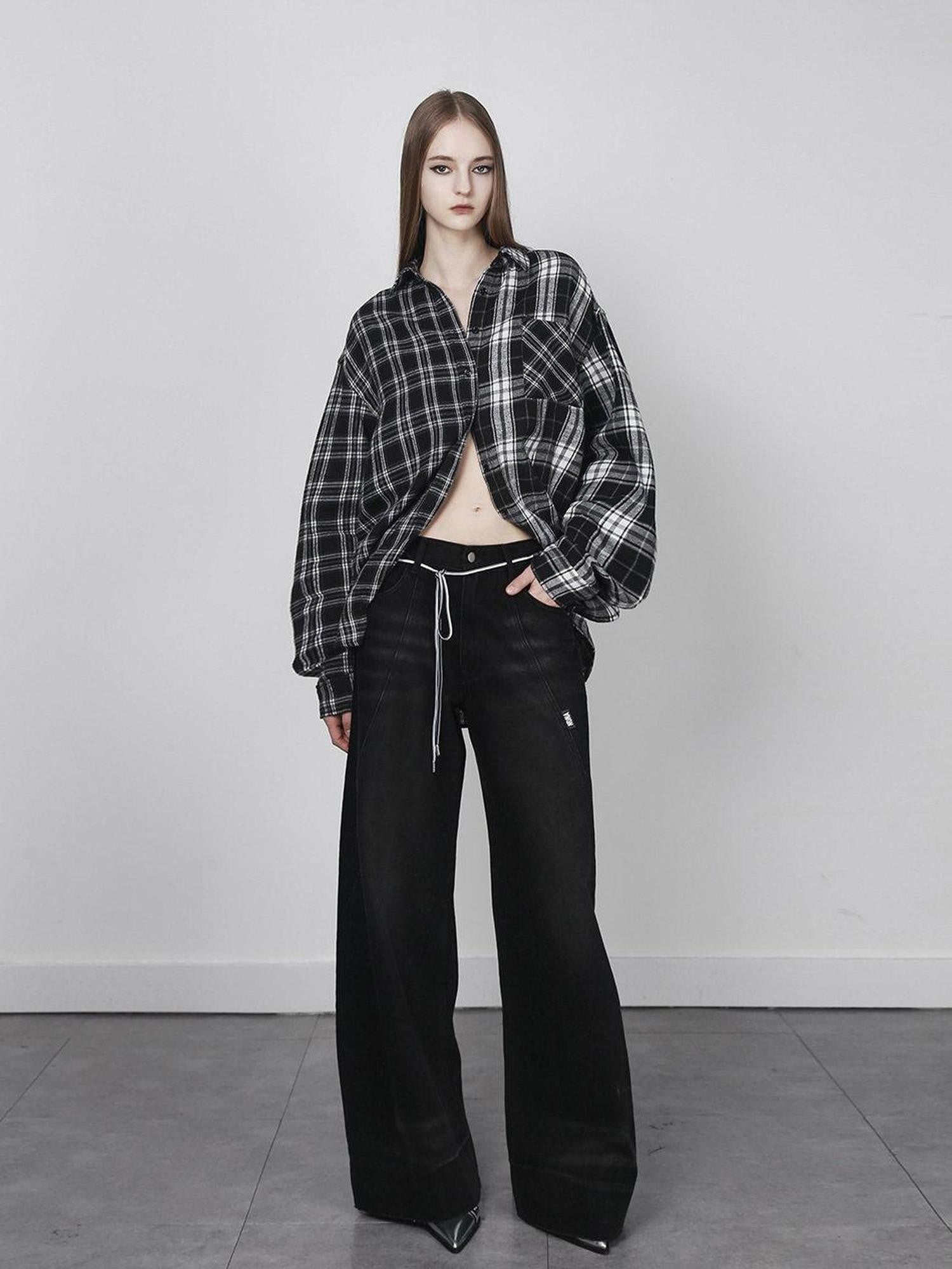 ANYQUESTION Black White Check Patchwork Relaxed Women&