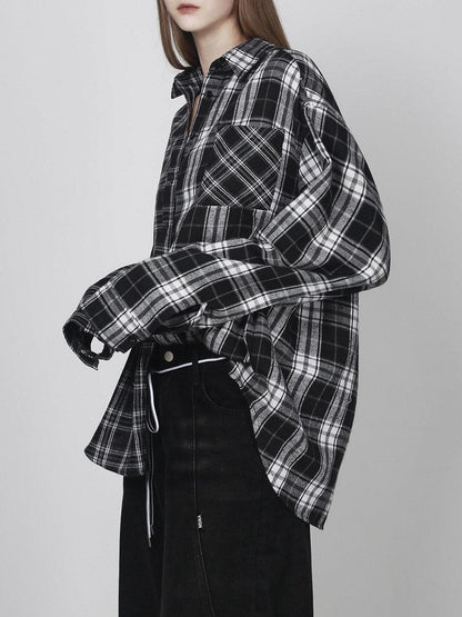 ANYQUESTION Black White Check Patchwork Relaxed Women&