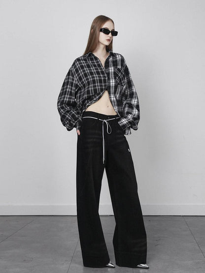 ANYQUESTION Black White Check Patchwork Relaxed Women&