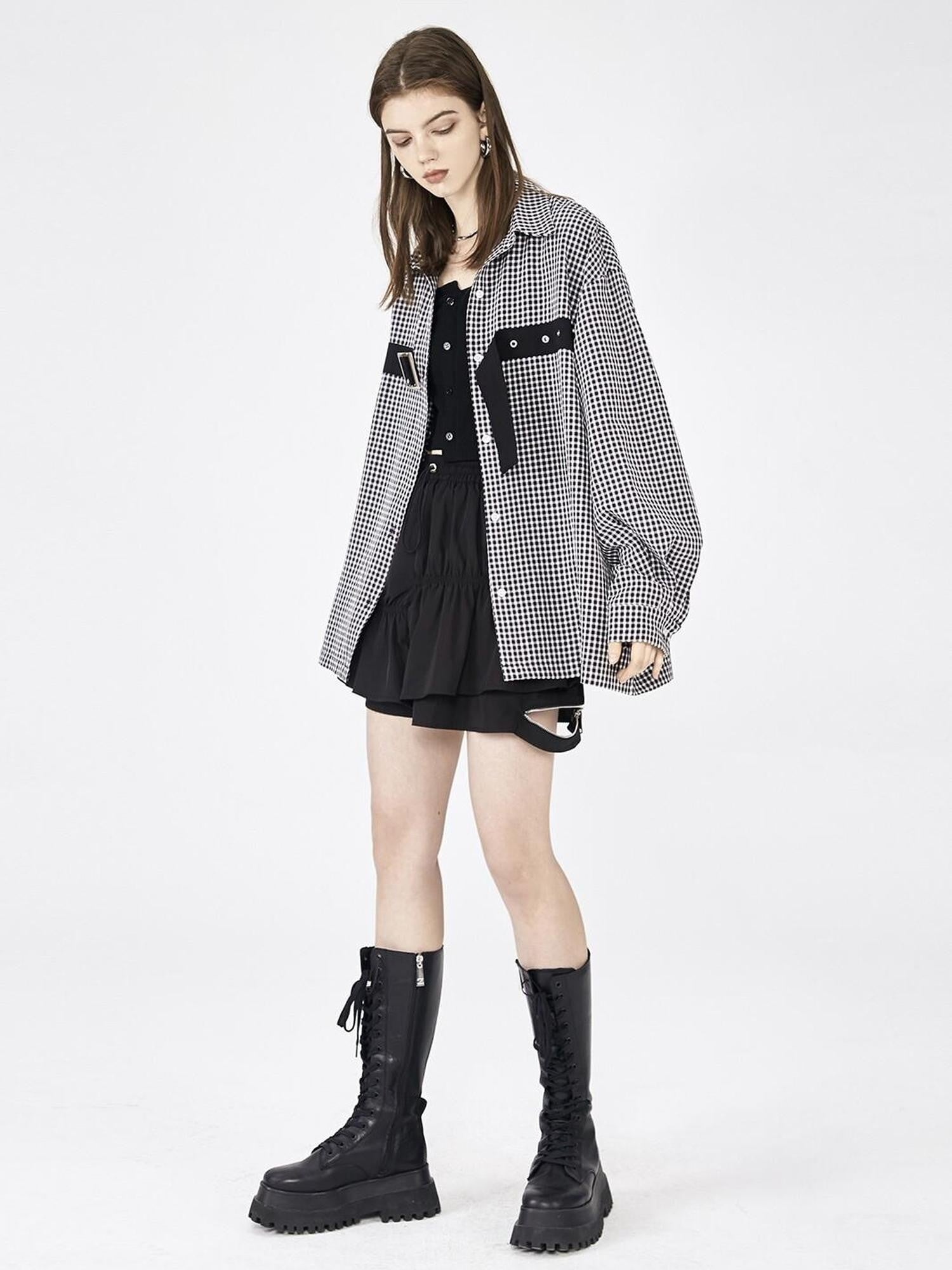 ANYQUESTION Black White Check Tape Trim Square Buckle Detail Women&