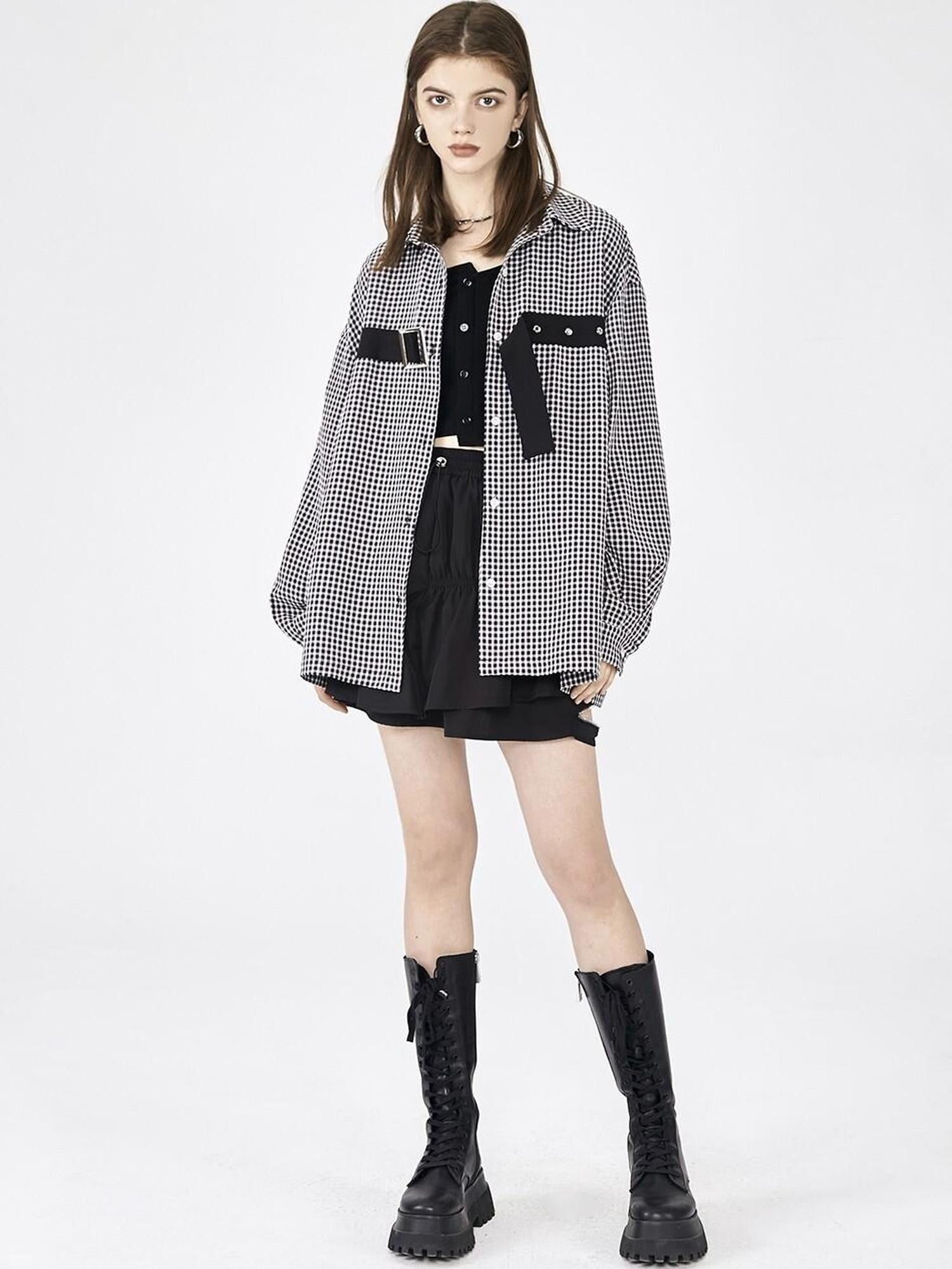 ANYQUESTION Black White Check Tape Trim Square Buckle Detail Women&