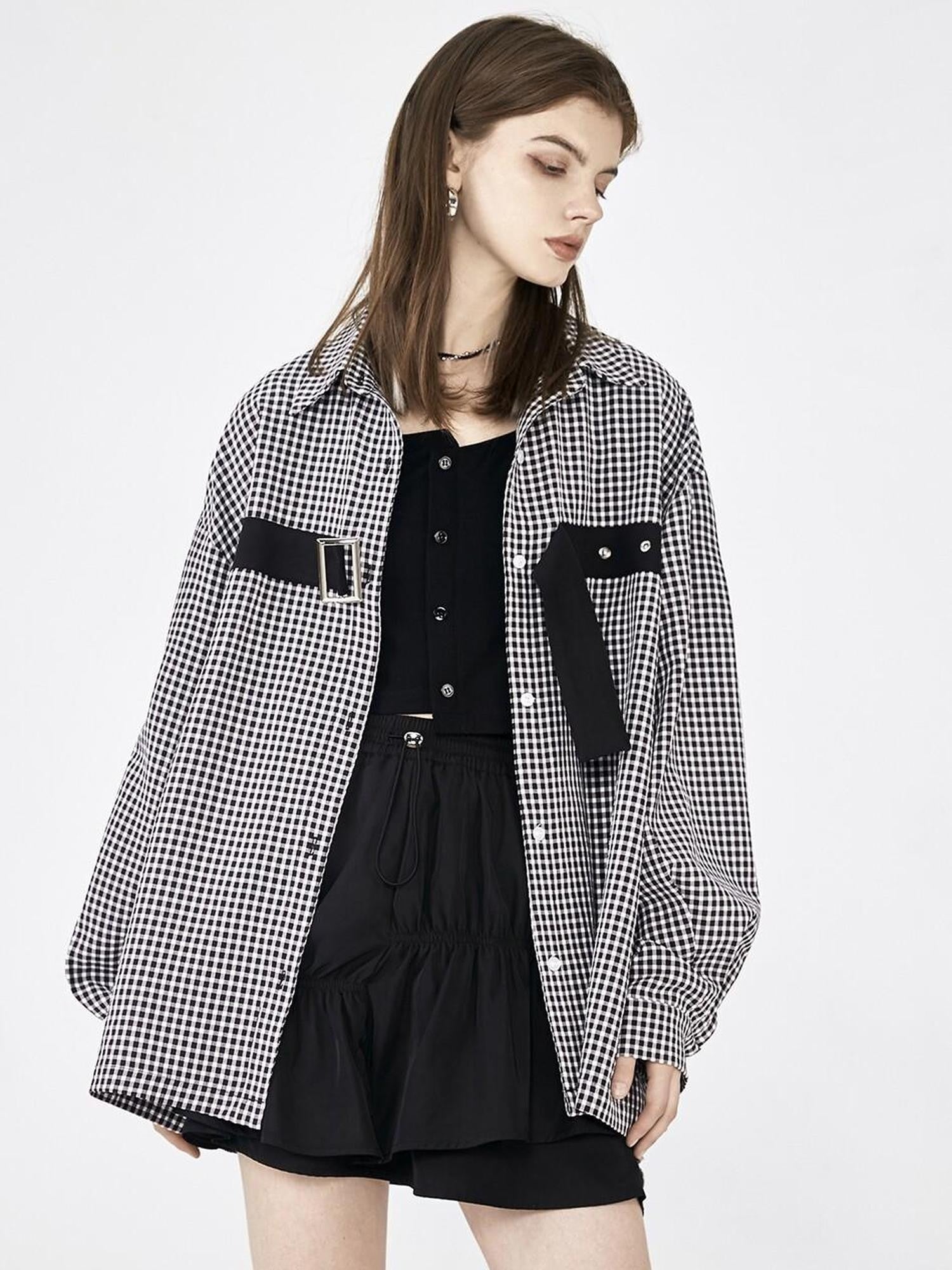 ANYQUESTION Black White Check Tape Trim Square Buckle Detail Women&