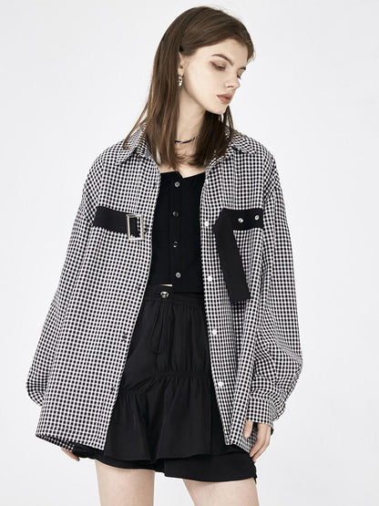 ANYQUESTION Black White Check Tape Trim Square Buckle Detail Women&