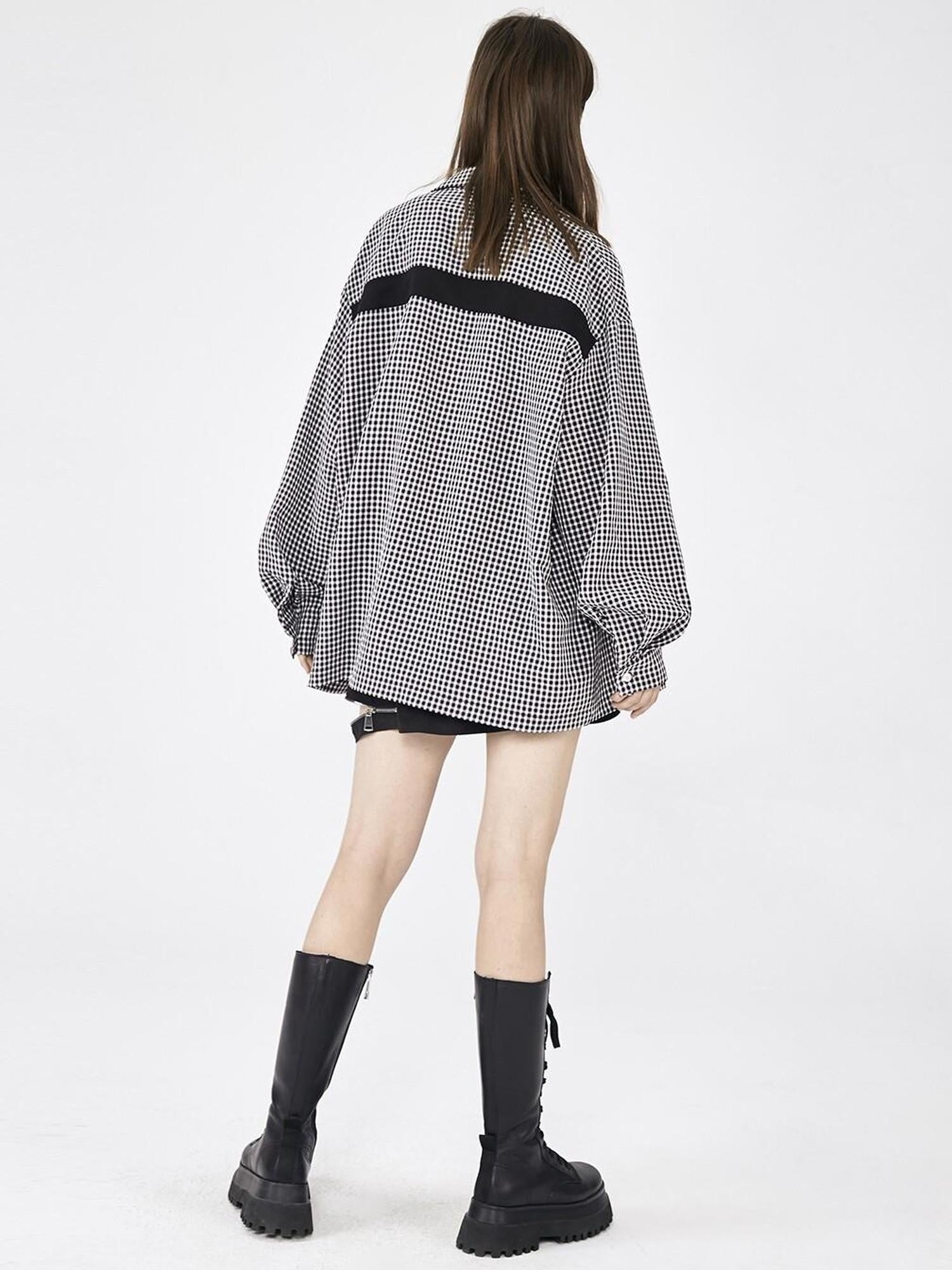ANYQUESTION Black White Check Tape Trim Square Buckle Detail Women&