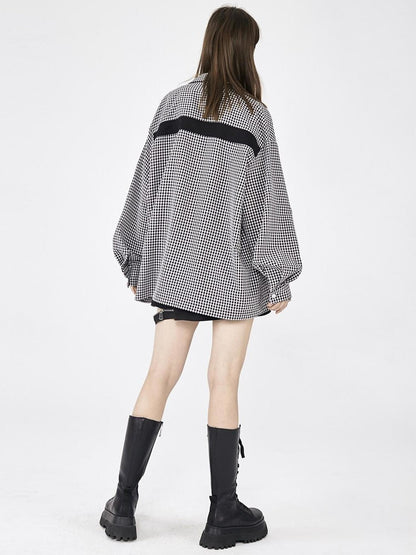 ANYQUESTION Black White Check Tape Trim Square Buckle Detail Women&