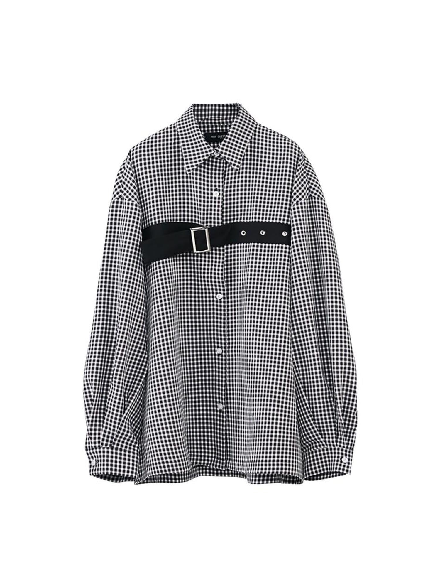 ANYQUESTION Black White Check Tape Trim Square Buckle Detail Women&