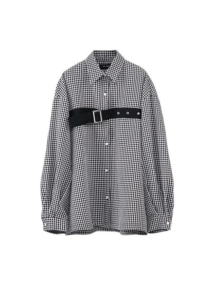 ANYQUESTION Black White Check Tape Trim Square Buckle Detail Women&