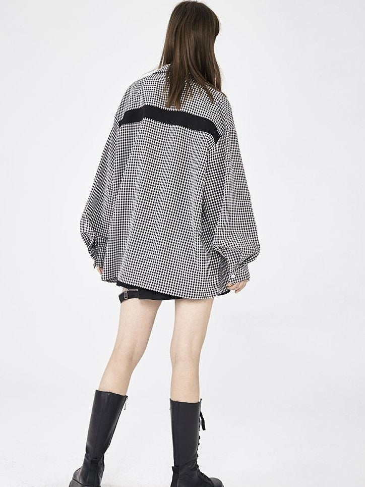 ANYQUESTION Black White Check Tape Trim Square Buckle Detail Women&