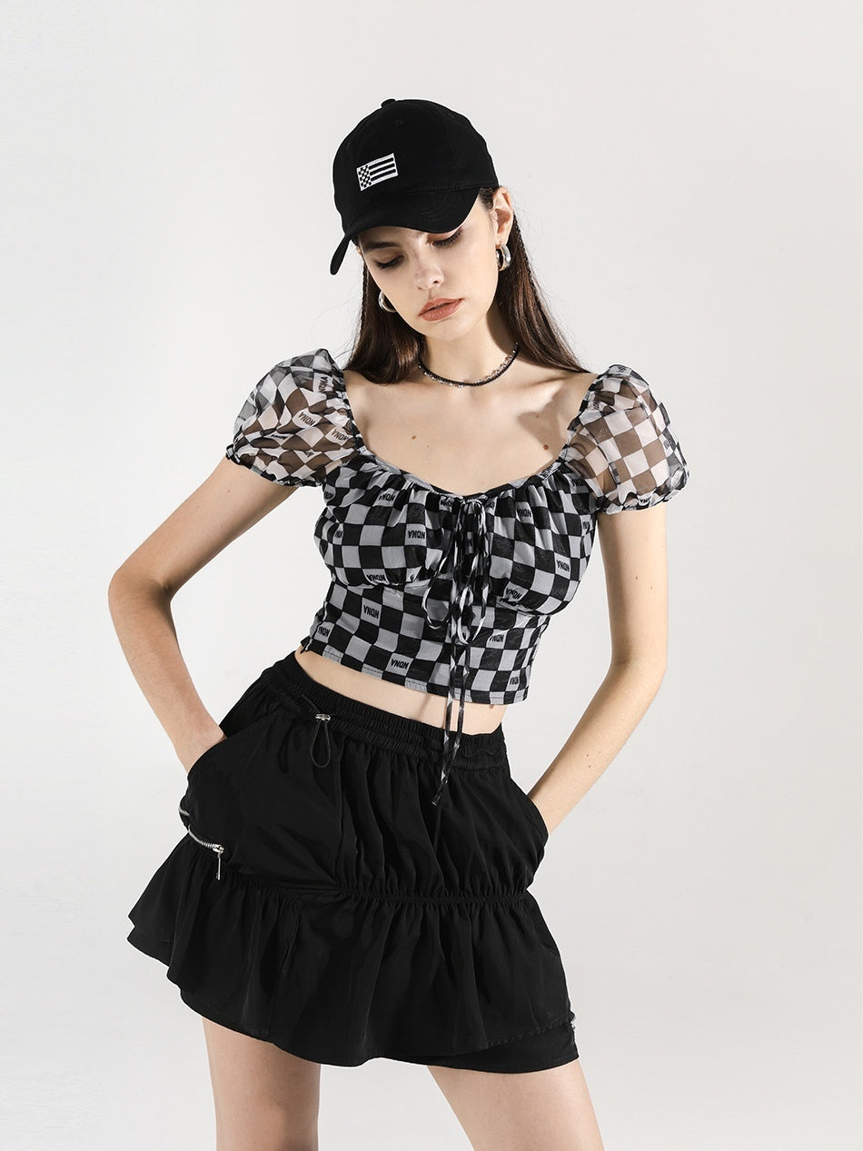 ANYQUESTION_Black_White_Checkerboard_Mesh_Puff_Sleeve_Tie_Fitted_Women&