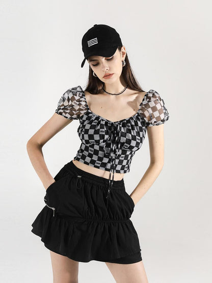 ANYQUESTION Black White Checkerboard Mesh Puff Sleeve Tie Fitted Women&