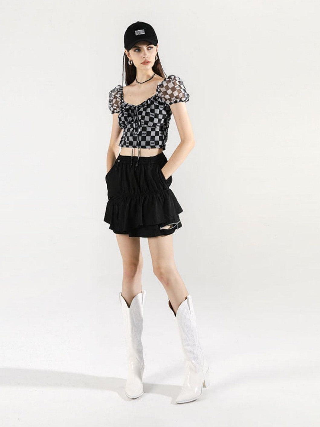 ANYQUESTION Black White Checkerboard Mesh Puff Sleeve Tie Fitted Women&