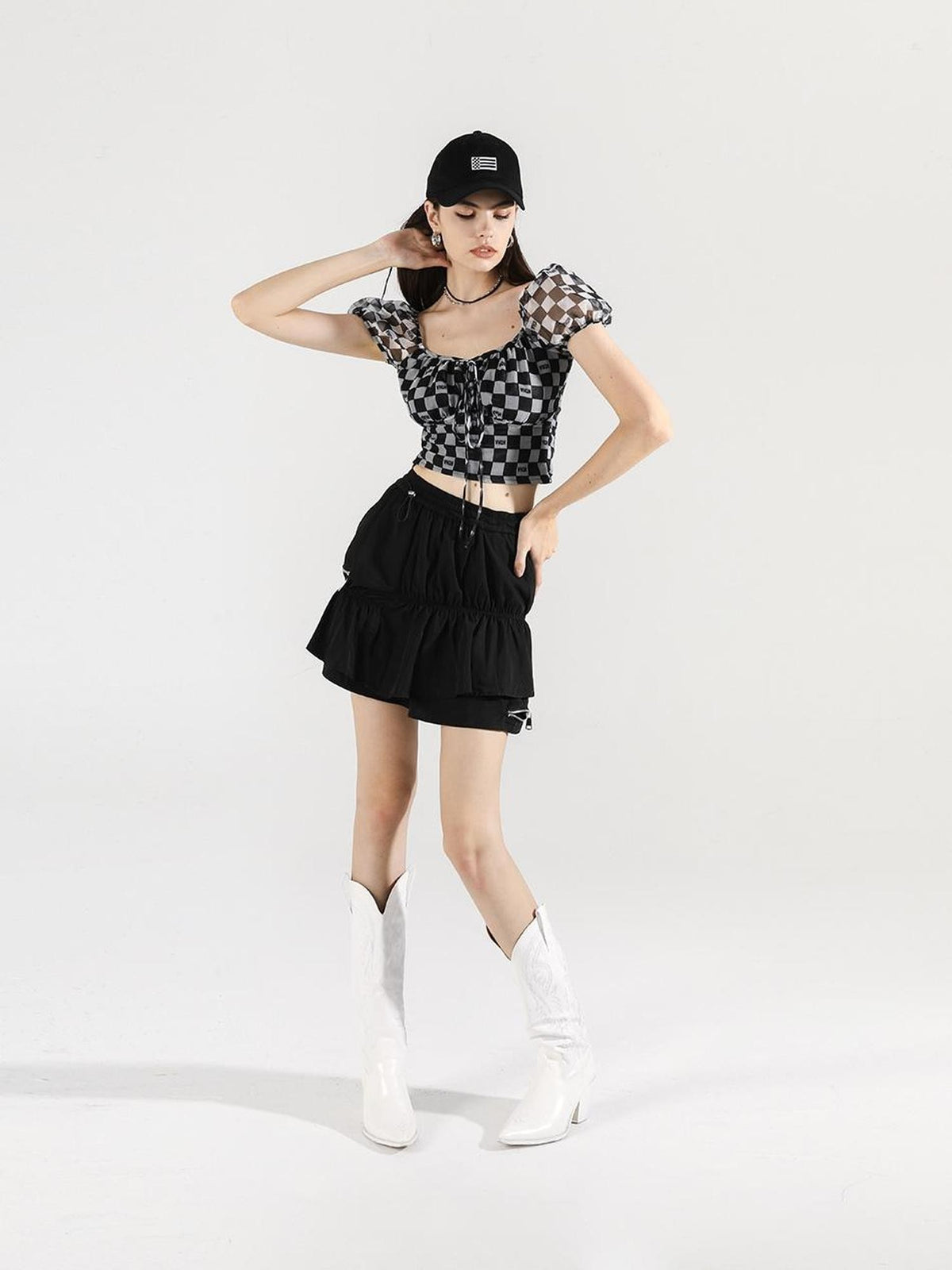 ANYQUESTION Black White Checkerboard Mesh Puff Sleeve Tie Fitted Women&