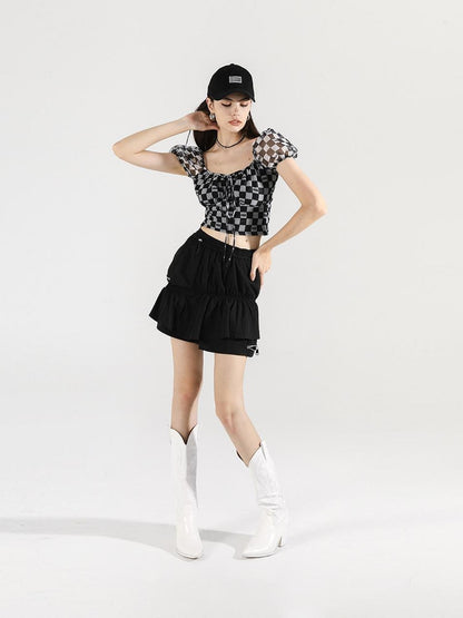 ANYQUESTION Black White Checkerboard Mesh Puff Sleeve Tie Fitted Women&