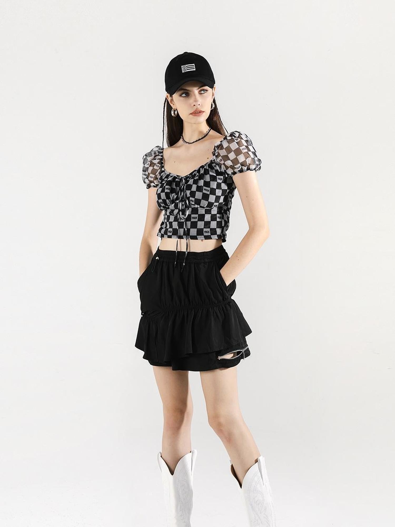 ANYQUESTION Black White Checkerboard Mesh Puff Sleeve Tie Fitted Women&