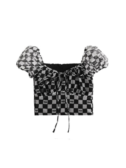 ANYQUESTION Black White Checkerboard Mesh Puff Sleeve Tie Fitted Women&