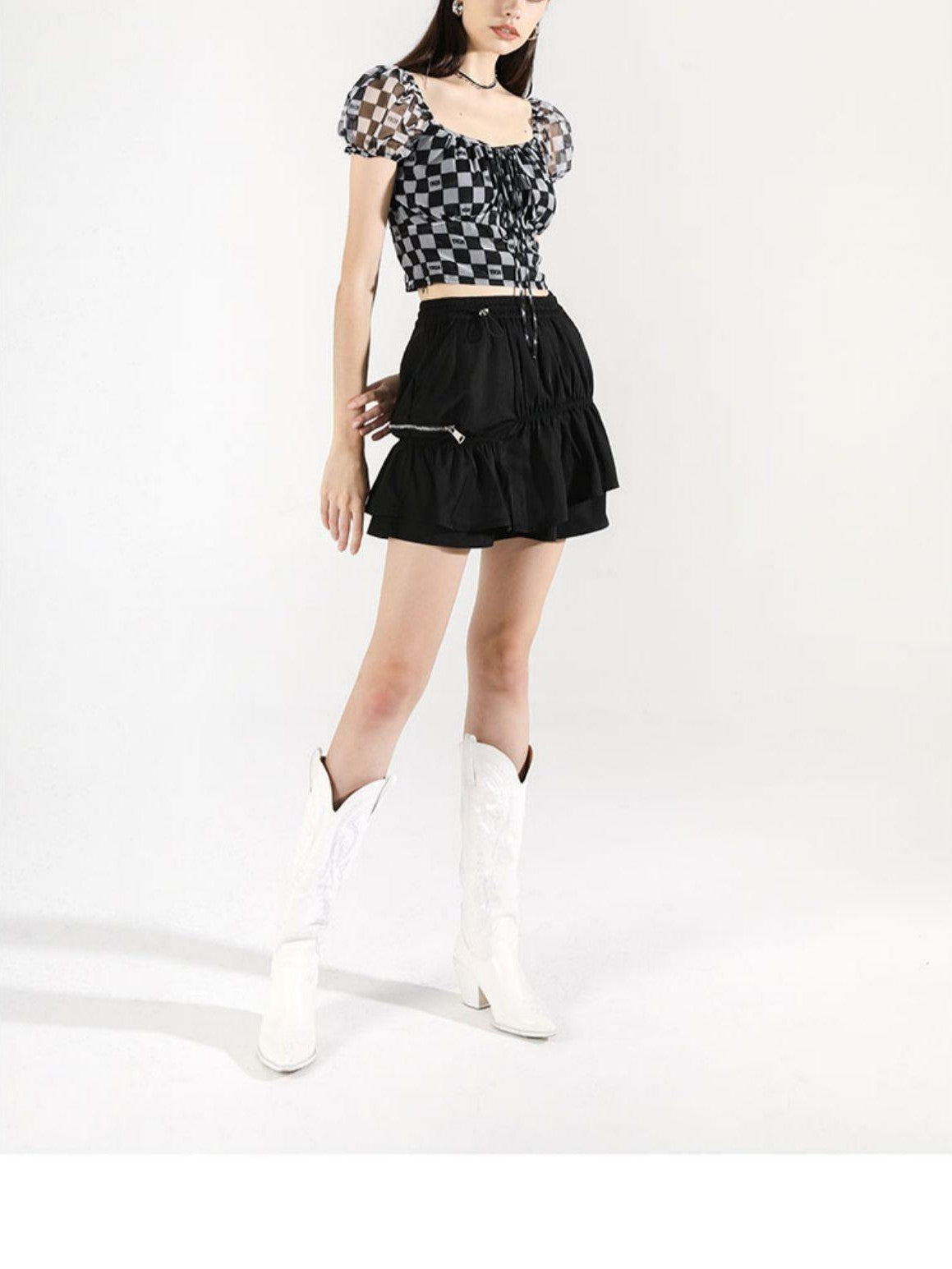 ANYQUESTION Black White Checkerboard Mesh Puff Sleeve Tie Fitted Women&