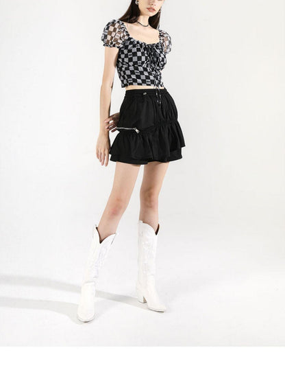 ANYQUESTION Black White Checkerboard Mesh Puff Sleeve Tie Fitted Women&