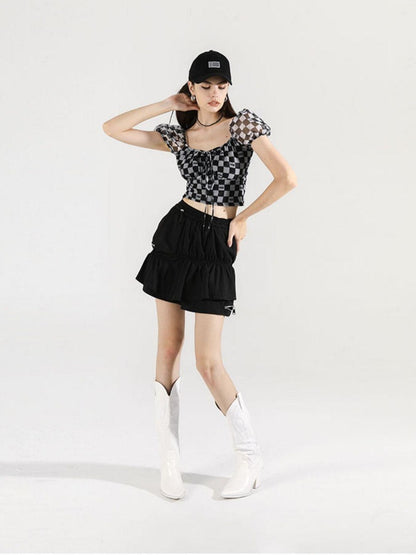 ANYQUESTION Black White Checkerboard Mesh Puff Sleeve Tie Fitted Women&