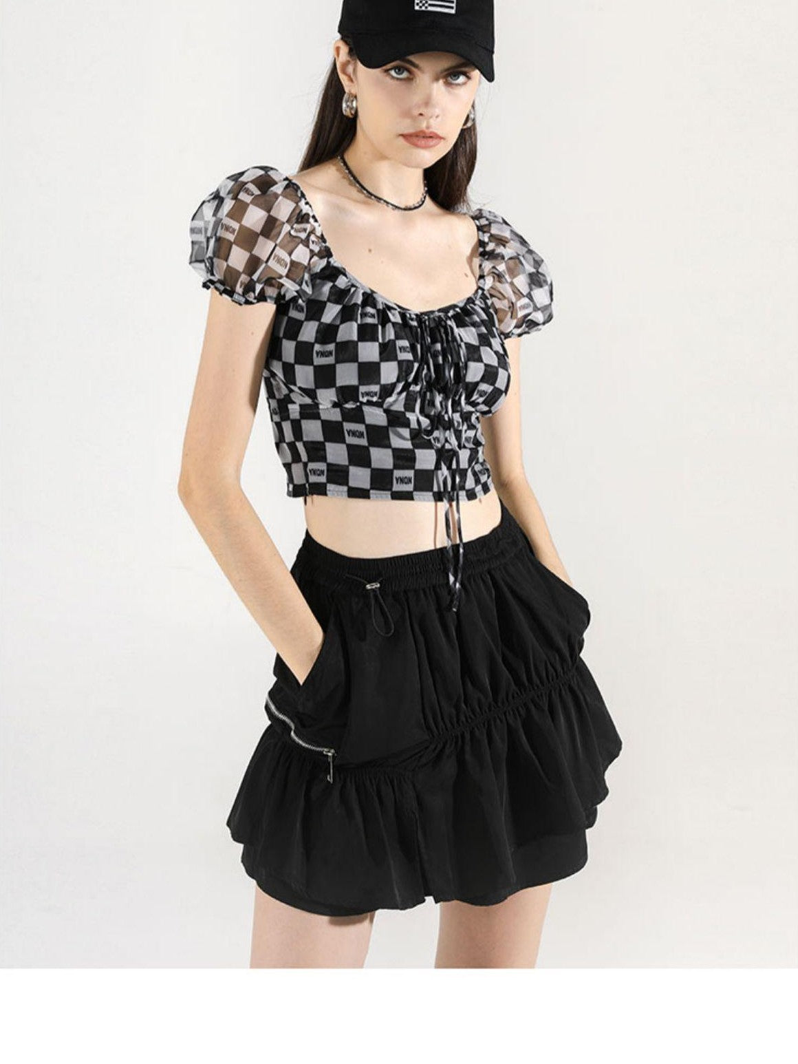 ANYQUESTION Black White Checkerboard Mesh Puff Sleeve Tie Fitted Women&