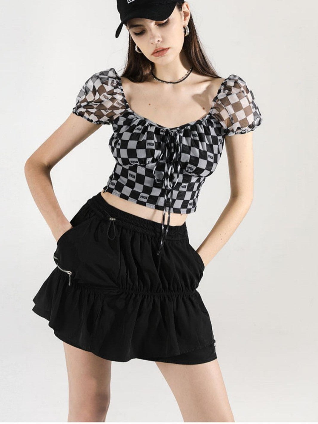 ANYQUESTION Black White Checkerboard Mesh Puff Sleeve Tie Fitted Women&
