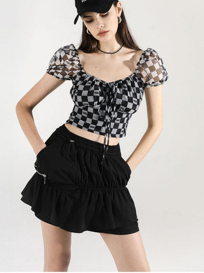 ANYQUESTION Black White Checkerboard Mesh Puff Sleeve Tie Fitted Women&