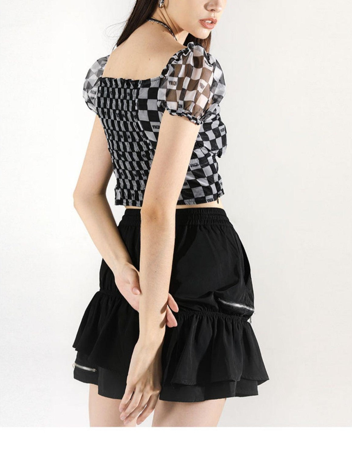 ANYQUESTION Black White Checkerboard Mesh Puff Sleeve Tie Fitted Women&